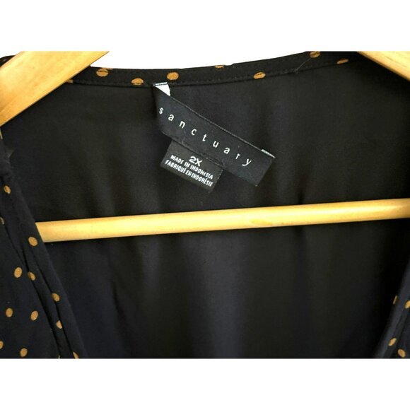 Sanctuary Black Gold Polka Dot V Neck Blouse Size 2X Ruffle Detail Snap Closure - Picture 3 of 6